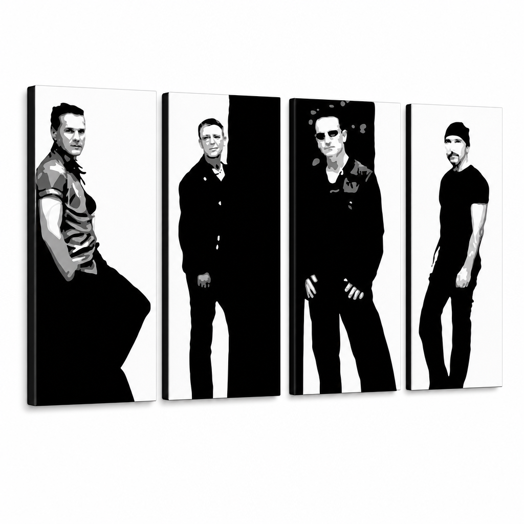 Ръчно рисувана картина POP Art U2 в черно 4 парчета U2 – 3D визуализация на ръчно рисувано платно на бял фон. Доминиращи цветове: черно, бяло, сиво.