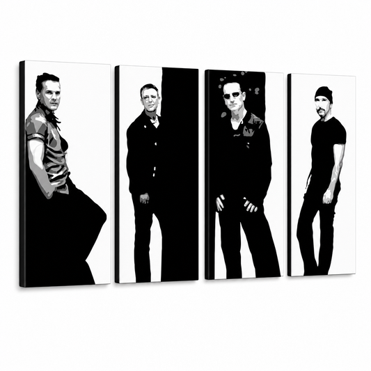 Ръчно рисувана картина POP Art U2 в черно 4 парчета U2 – 3D визуализация на ръчно рисувано платно на бял фон. Доминиращи цветове: черно, бяло, сиво.