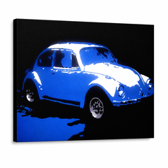 Ръчно рисувана картина POP Art Volkswagen Beetle 1 част k – 3D визуализация на ръчно рисувано платно на бял фон. Доминиращи цветове: синьо, бяло, черно.