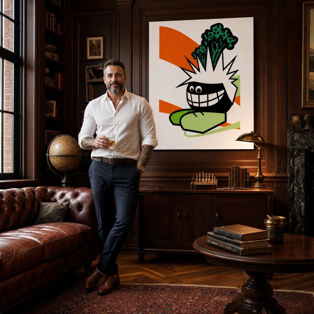 Ръчно рисувана картина POP Art Забавно 1 парче Funy – картина в модерен мъжки интериор, lifestyle визуализация. Доминиращи цветове: оранжево, черно, зелено.