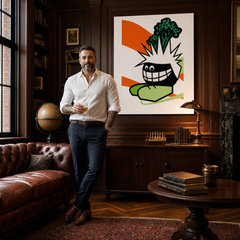 Ръчно рисувана картина POP Art Забавно 1 парче Funy – картина в модерен мъжки интериор, lifestyle визуализация. Доминиращи цветове: оранжево, черно, зелено.