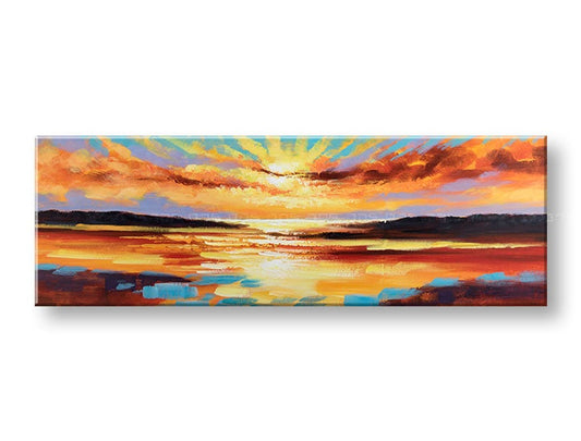 Papilora ръчно рисувана картина Залез 150x50 cm, изобразяваща живописен залез с оранжеви, червени и сини нюанси, представена в 3D перспектива на платно.