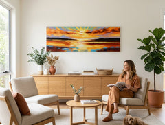 Голяма ръчно рисувана картина Залез 150x50 cm, с топли оранжеви и червени тонове, висяща над диван в модерен интериор на всекидневна.