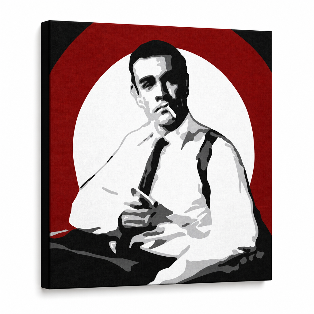 Ръчно рисувана POP Art картина Джеймс Бонд 1 част bond4 – 3D визуализация на ръчно рисувано платно на бял фон. Доминиращи цветове: черно, бяло, червено.