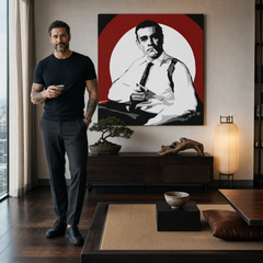 Ръчно рисувана POP Art картина Джеймс Бонд 1 част bond4 – картина в модерен мъжки интериор, lifestyle визуализация. Доминиращи цветове: черно, бяло, червено.