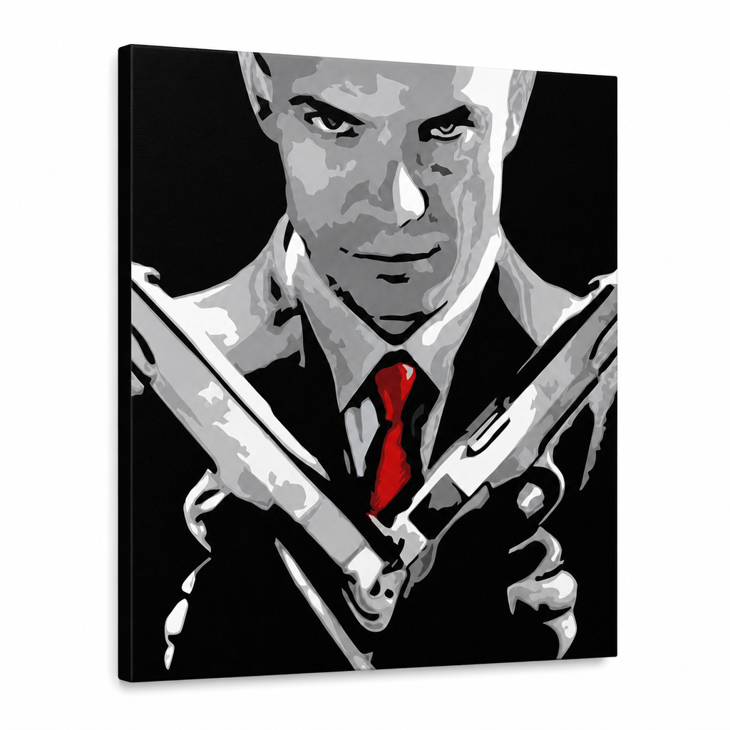 Ръчно рисувана POP Art картина HITMAN 1 част hit2 – 3D визуализация на ръчно рисувано платно на бял фон. Доминиращи цветове: черно, бяло, червено, сиво, кафяво.