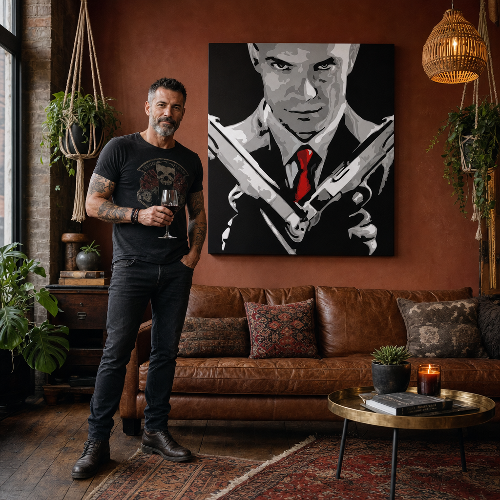 Ръчно рисувана POP Art картина HITMAN 1 част hit2 – картина в модерен мъжки интериор, lifestyle визуализация. Доминиращи цветове: черно, бяло, червено, сиво, кафяво.