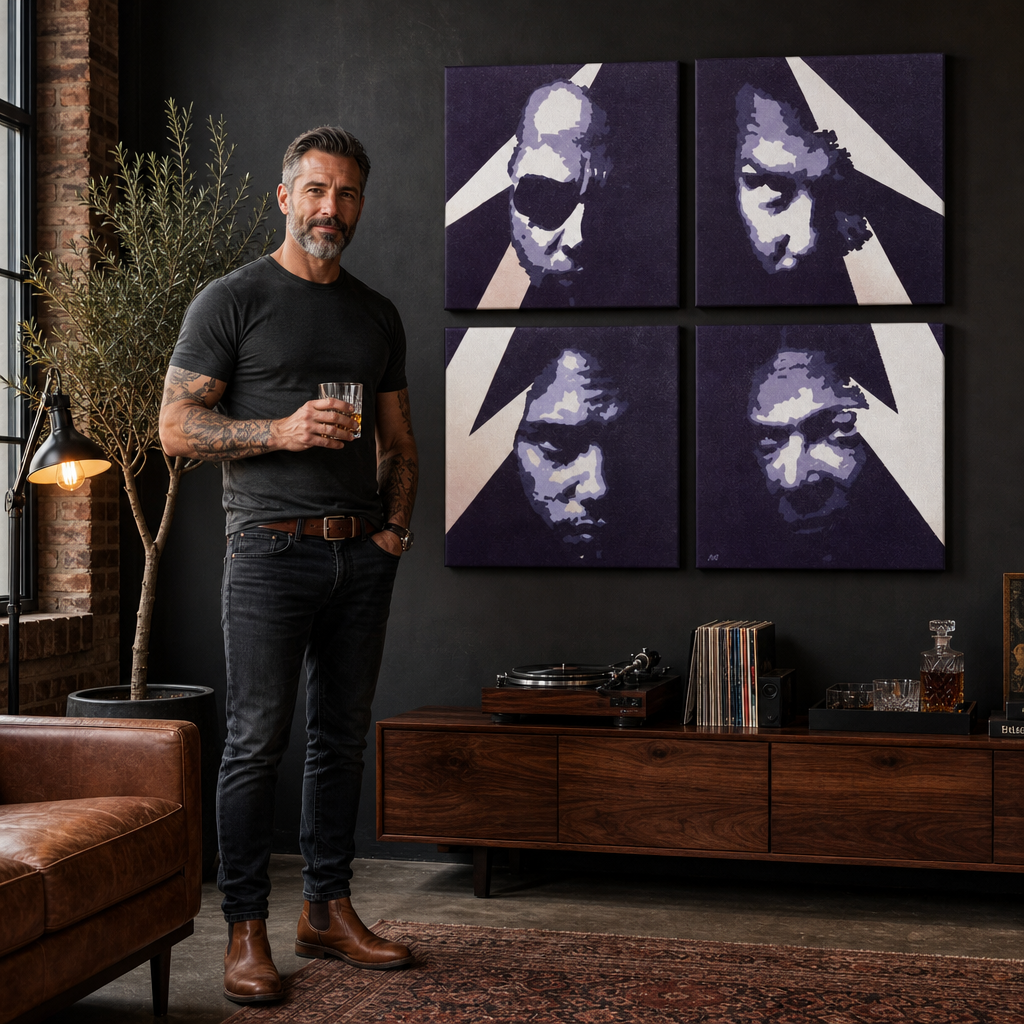 Ръчно рисувана POP Art картина METALLICA 4 броя метални – картина в модерен мъжки интериор, lifestyle визуализация. Доминиращи цветове: лилаво, синьо, черно, бежово, бяло.