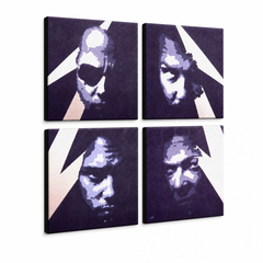 Ръчно рисувана POP Art картина METALLICA 4 броя метални – 3D визуализация на ръчно рисувано платно на бял фон. Доминиращи цветове: лилаво, синьо, черно, бежово, бяло.