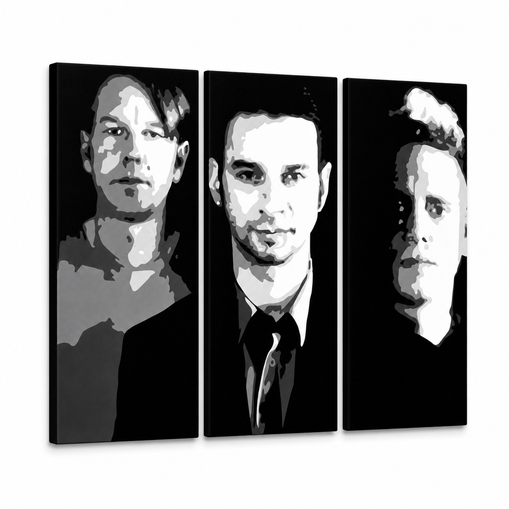 Ръчно рисувана POP Art картина на Depeche Mode 3 части 000 деп – 3D визуализация на ръчно рисувано платно на бял фон. Доминиращи цветове: черно, бяло, сиво.
