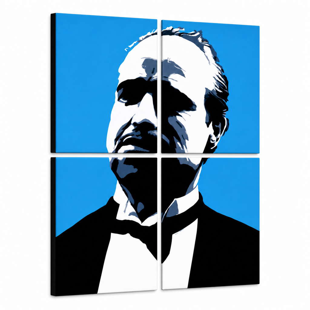 Ръчно рисувана POP Art картина на Марлон Брандо 4 части mb4 – 3D визуализация на ръчно рисувано платно на бял фон. Доминиращи цветове: синьо, черно, бяло.