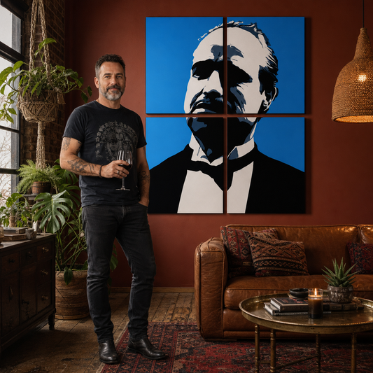 Ръчно рисувана POP Art картина на Марлон Брандо 4 части mb4 – картина в модерен мъжки интериор, lifestyle визуализация. Доминиращи цветове: синьо, черно, бяло.
