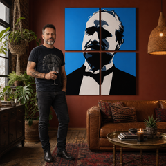 Ръчно рисувана POP Art картина на Марлон Брандо 4 части mb4 – картина в модерен мъжки интериор, lifestyle визуализация. Доминиращи цветове: синьо, черно, бяло.