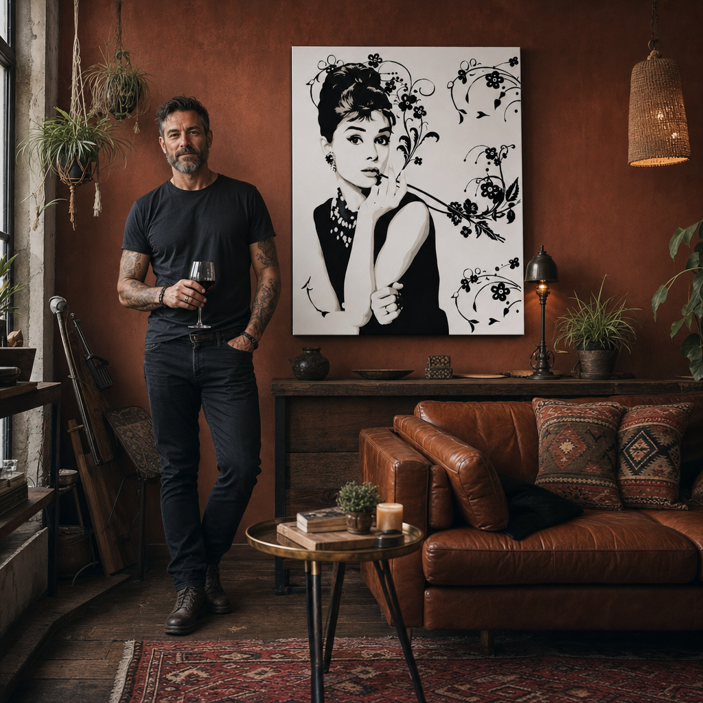 Ръчно рисувана POP Art картина на Одри Хепбърн ah6 – картина в модерен мъжки интериор, lifestyle визуализация. Доминиращи цветове: черно, сиво, розово.