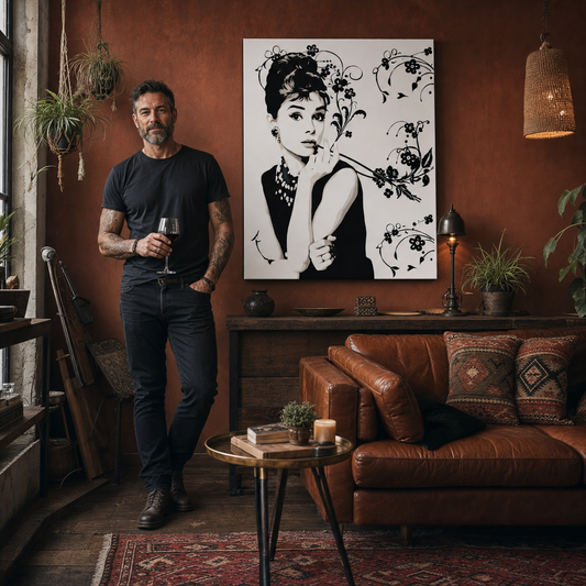 Ръчно рисувана POP Art картина на Одри Хепбърн ah6 – картина в модерен мъжки интериор, lifestyle визуализация. Доминиращи цветове: черно, сиво, розово.