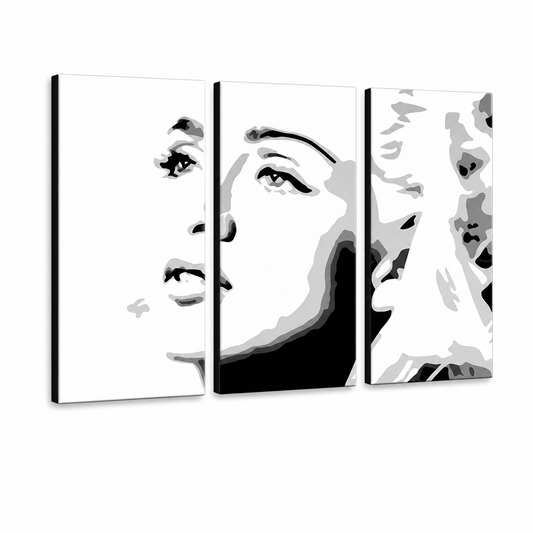 Ръчно рисувана POP Art Мадона от 3 части ma4 – 3D визуализация на ръчно рисувано платно на бял фон. Доминиращи цветове: черно, бяло, сиво.