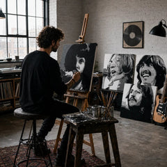 Ръчно рисувана POP Art живопис AL CAPONE 3 броя ac2 – Ателие Papilora – ръчно рисуване на POP Art платно. Доминиращи цветове: черно, бяло, сиво.