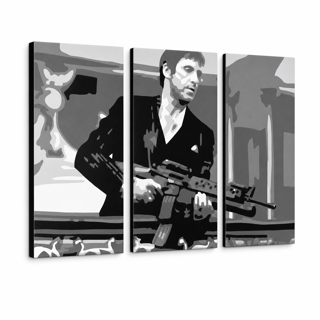 Ръчно рисувана POP Art живопис AL PACINO 3 броя al2 – 3D визуализация на ръчно рисувано платно на бял фон. Доминиращи цветове: черно, сиво, бяло.