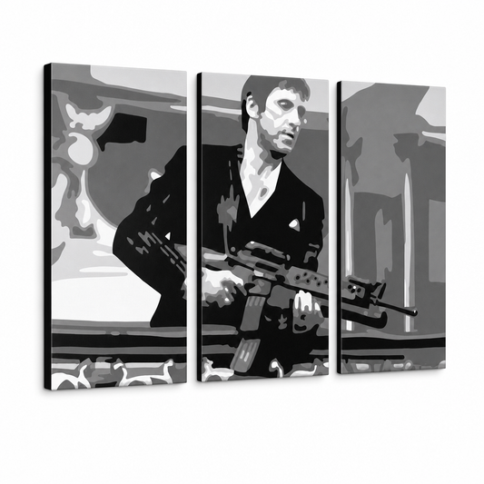 Ръчно рисувана POP Art живопис AL PACINO 3 броя al2 – 3D визуализация на ръчно рисувано платно на бял фон. Доминиращи цветове: черно, сиво, бяло.