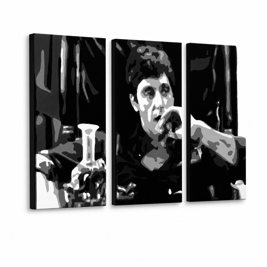 Ръчно рисувана POP Art живопис AL PACINO 3 броя al22 – 3D визуализация на ръчно рисувано платно на бял фон. Доминиращи цветове: черно, сиво, бяло.
