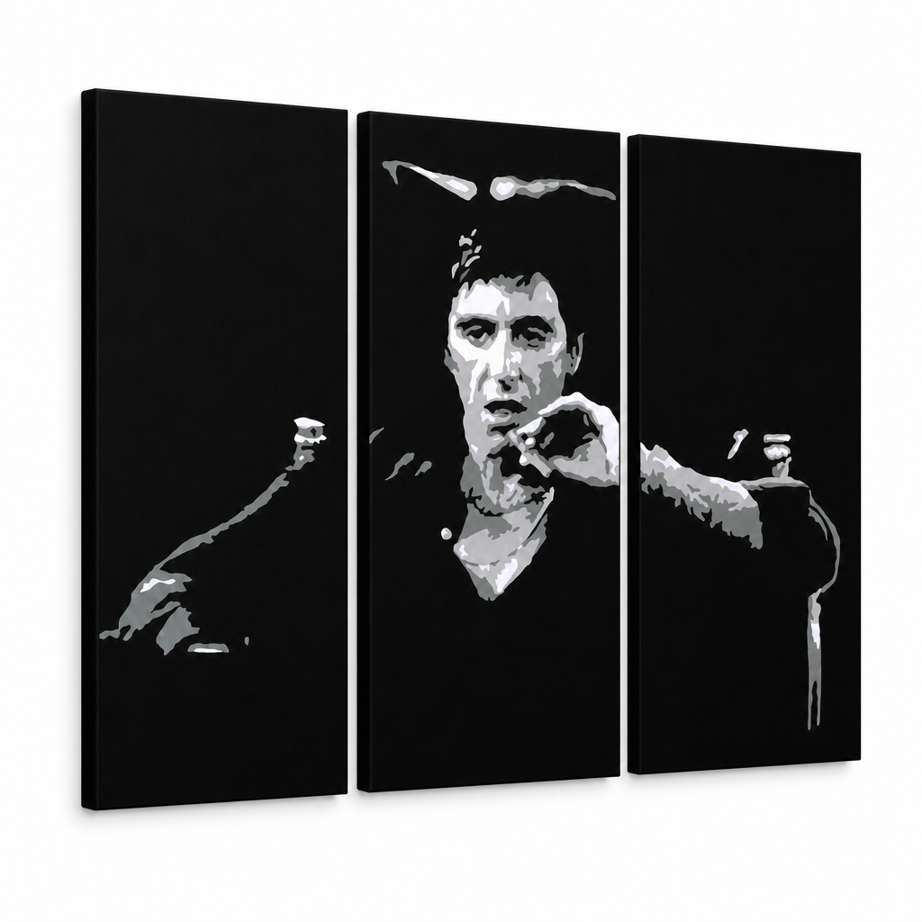 Ръчно рисувана POP Art живопис AL PACINO 3 броя al27 – 3D визуализация на ръчно рисувано платно на бял фон. Доминиращи цветове: черно, сиво, бяло.