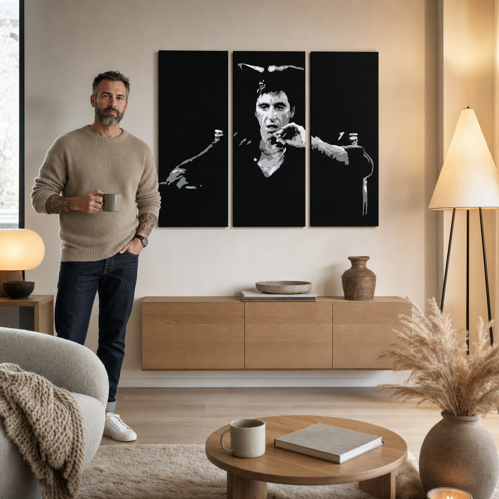 Ръчно рисувана POP Art живопис AL PACINO 3 броя al27 – картина в модерен мъжки интериор, lifestyle визуализация. Доминиращи цветове: черно, сиво, бяло.