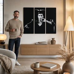 Ръчно рисувана POP Art живопис AL PACINO 3 броя al27 – картина в модерен мъжки интериор, lifestyle визуализация. Доминиращи цветове: черно, сиво, бяло.