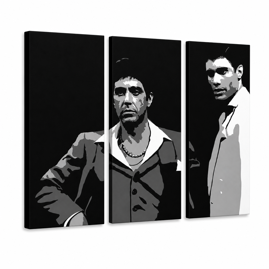 Ръчно рисувана POP Art живопис AL PACINO 3 броя al31 – 3D визуализация на ръчно рисувано платно на бял фон. Доминиращи цветове: черно, бяло, сиво.