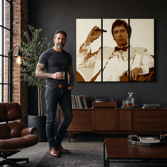 Ръчно рисувана POP Art живопис AL PACINO 3 броя al34 – картина в модерен мъжки интериор, lifestyle визуализация. Доминиращи цветове: кафяво, бежово, бяло, черно.
