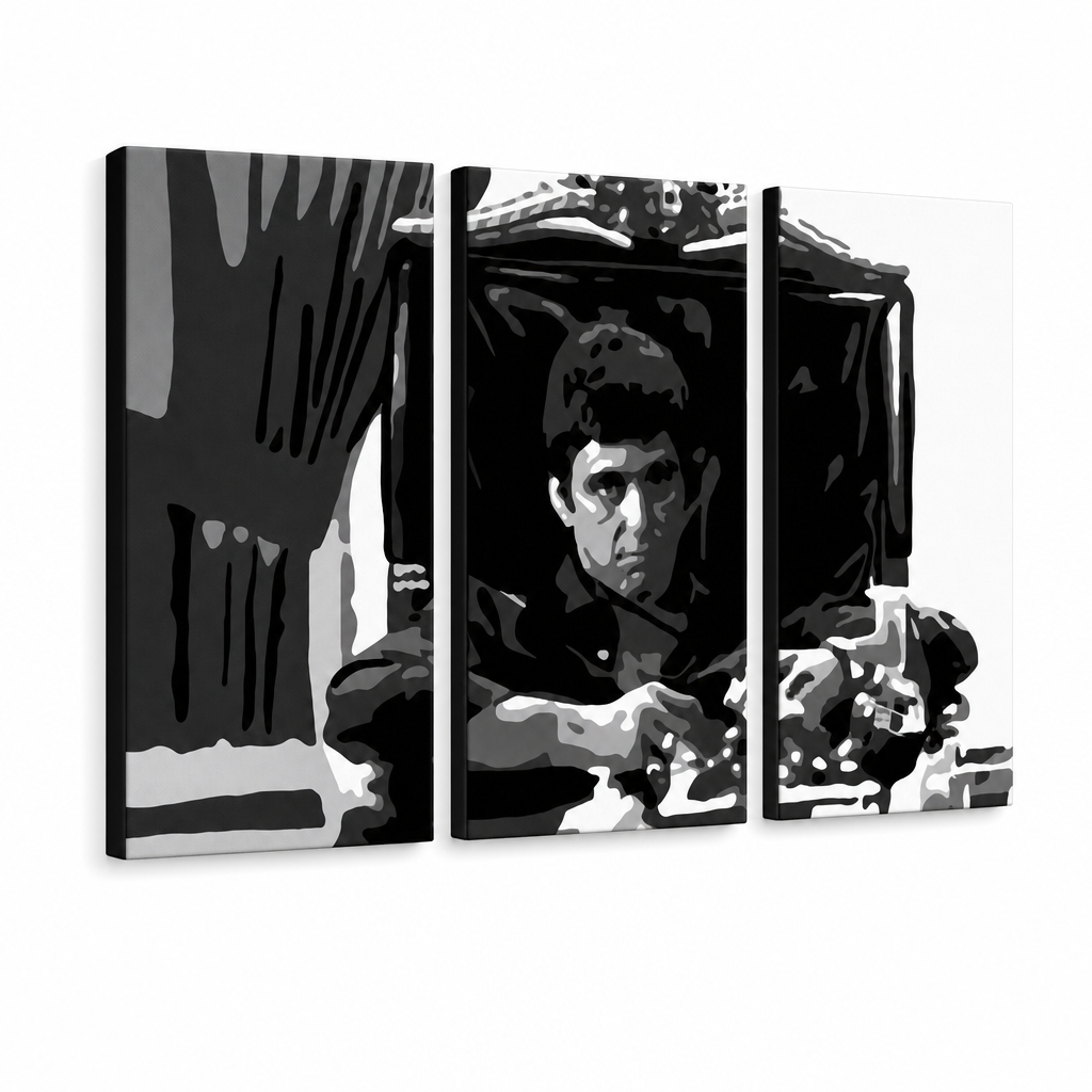 Ръчно рисувана POP Art живопис AL PACINO 3 парчета al18 – 3D визуализация на ръчно рисувано платно на бял фон. Доминиращи цветове: черно, бяло, сиво.