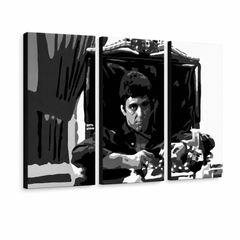 Ръчно рисувана POP Art живопис AL PACINO 3 парчета al18 – 3D визуализация на ръчно рисувано платно на бял фон. Доминиращи цветове: черно, бяло, сиво.