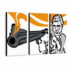Ръчно рисувана POP Art живопис AL PACINO 3 парчета al7 – 3D визуализация на ръчно рисувано платно на бял фон. Доминиращи цветове: черно, оранжево, бяло, сиво.