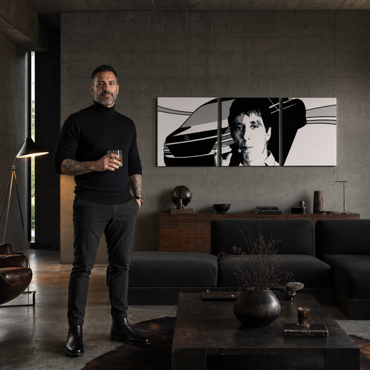 Ръчно рисувана POP Art живопис AL PACINO 3 парчета al9 – картина в модерен мъжки интериор, lifestyle визуализация. Доминиращи цветове: черно, бяло, сиво.