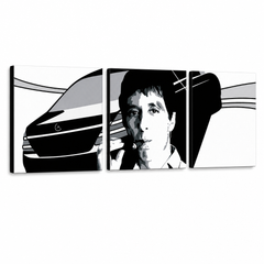 Ръчно рисувана POP Art живопис AL PACINO 3 парчета al9 – 3D визуализация на ръчно рисувано платно на бял фон. Доминиращи цветове: черно, бяло, сиво.