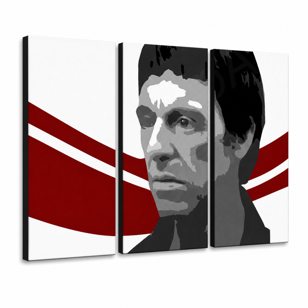 Ръчно рисувана POP Art живопис AL PACINO 6 части al6 – 3D визуализация на ръчно рисувано платно на бял фон. Доминиращи цветове: черно, червено, бяло.