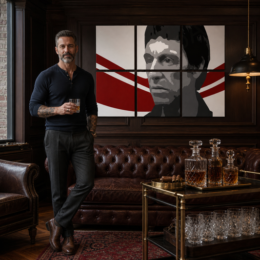 Ръчно рисувана POP Art живопис AL PACINO 6 части al6 – картина в модерен мъжки интериор, lifestyle визуализация. Доминиращи цветове: черно, червено, бяло.