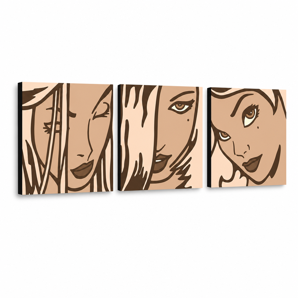 Ръчно рисувана POP Art живопис LICHTENSTEIN 3 парчета li2 – 3D визуализация на ръчно рисувано платно на бял фон. Доминиращи цветове: кафяво, бежово, черно.
