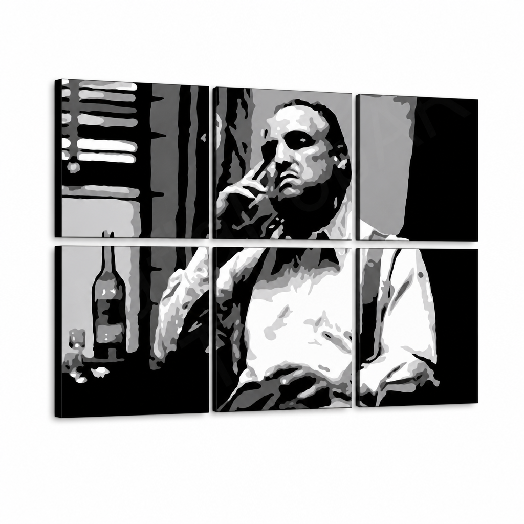 Ръчно рисувана POP Art живопис MARLON BRANDO 6 части mb9 – 3D визуализация на ръчно рисувано платно на бял фон. Доминиращи цветове: черно, бяло, сиво.