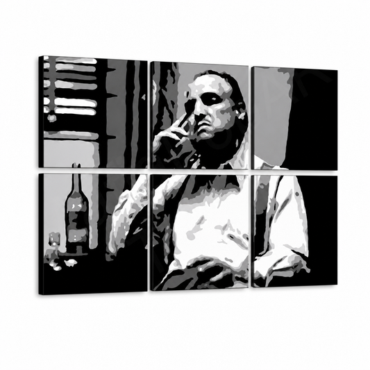 Ръчно рисувана POP Art живопис MARLON BRANDO 6 части mb9 – 3D визуализация на ръчно рисувано платно на бял фон. Доминиращи цветове: черно, бяло, сиво.