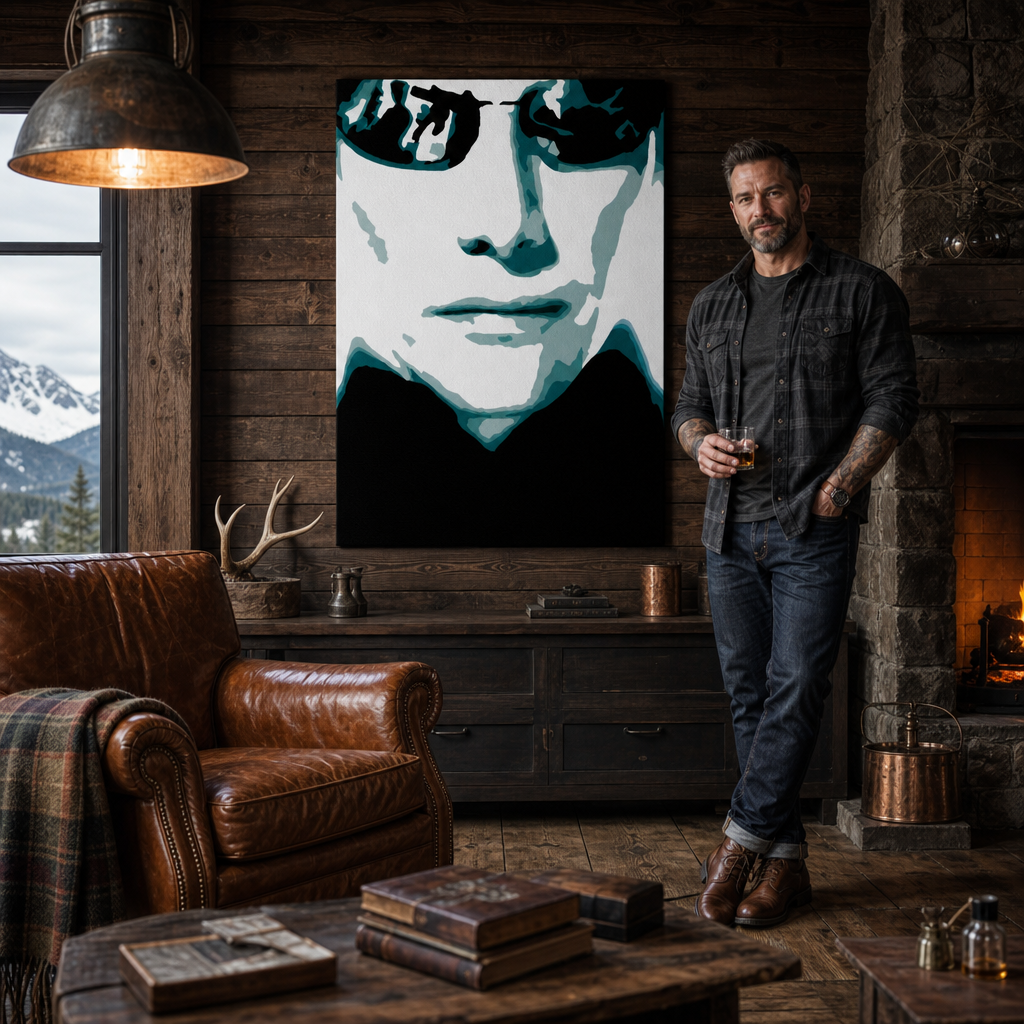 Ръчно рисувана POP Art живопис MATRIX 1 парче мат – картина в модерен мъжки интериор, lifestyle визуализация. Доминиращи цветове: черно, синьо, бяло.