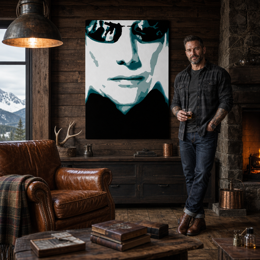 Ръчно рисувана POP Art живопис MATRIX 1 парче мат – картина в модерен мъжки интериор, lifestyle визуализация. Доминиращи цветове: черно, синьо, бяло.