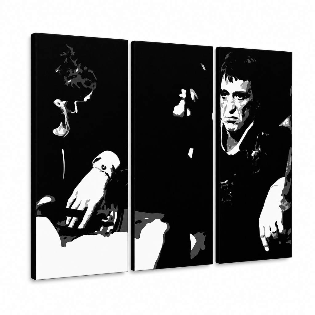 Ръчно рисувана POP Art живопис SCARFACE-AL PACINO 6 парчета al5 – 3D визуализация на ръчно рисувано платно на бял фон. Доминиращи цветове: черно, бяло.