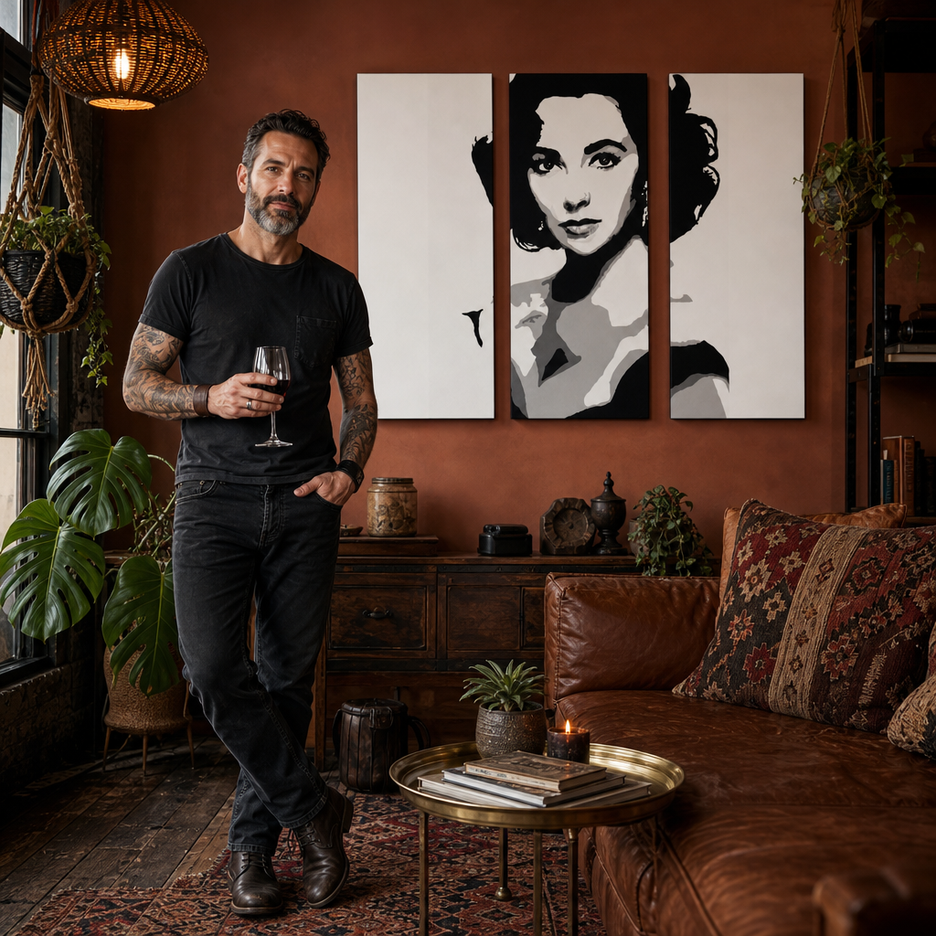 Ръчно рисувани POP Art живопис Elizabhet Taylor 3 парче и – картина в модерен мъжки интериор, lifestyle визуализация. Доминиращи цветове: черно, бяло, сиво.