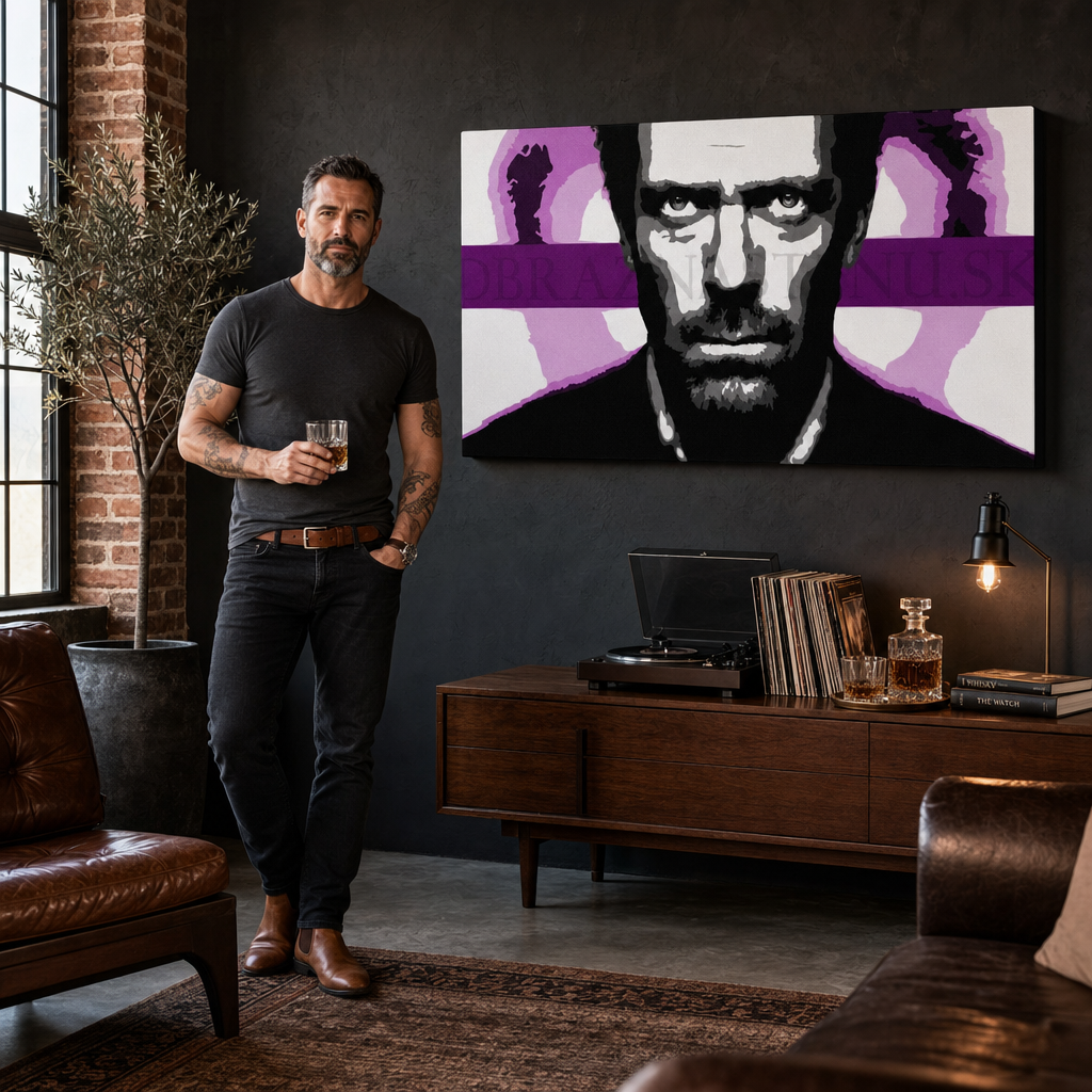 Ръчно рисувано POP Art Художествена живопис Dr. HOUSE 1 брой 1010 dh – картина в модерен мъжки интериор, lifestyle визуализация. Доминиращи цветове: черно, бяло, лилаво, розово, сиво.