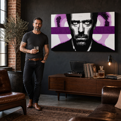 Ръчно рисувано POP Art Художествена живопис Dr. HOUSE 1 брой 1010 dh – картина в модерен мъжки интериор, lifestyle визуализация. Доминиращи цветове: черно, бяло, лилаво, розово, сиво.