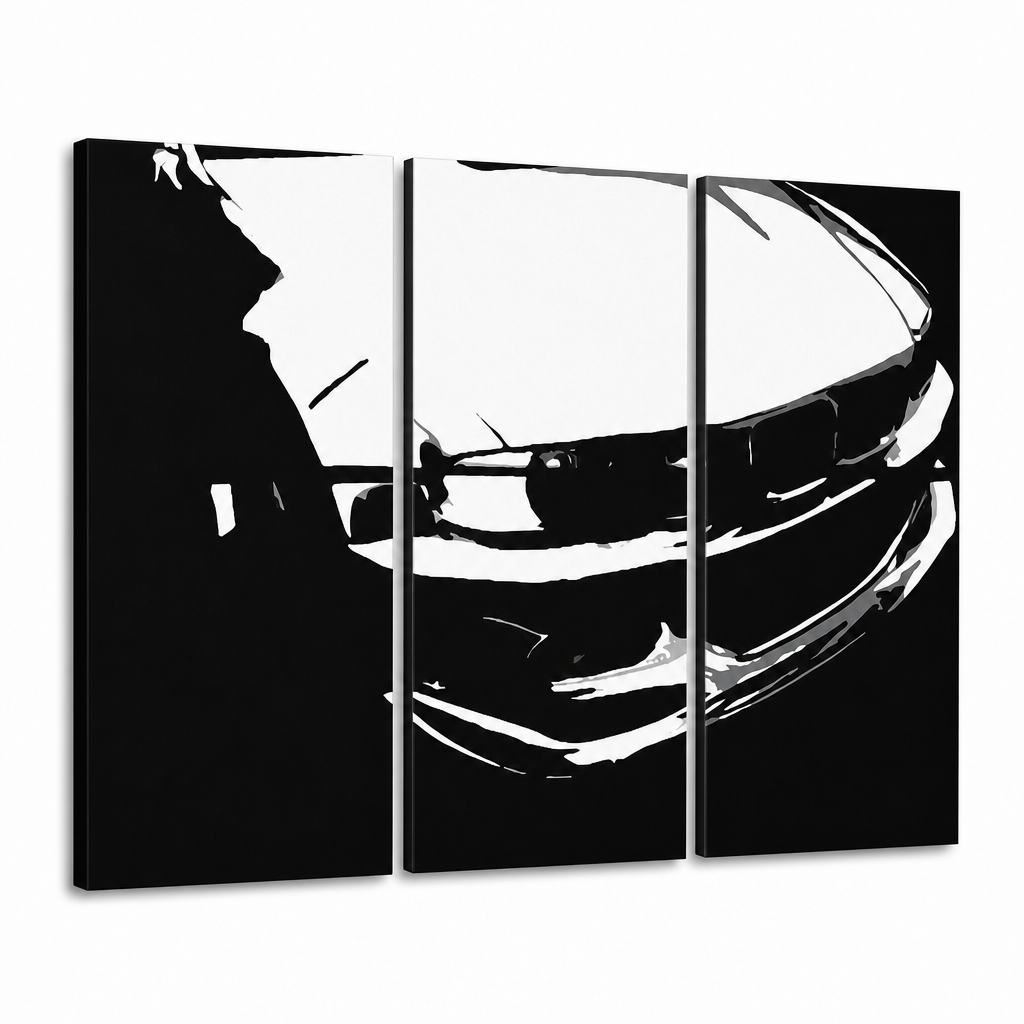 Ръчно рисувано POP Art изображение на BMW M3 3 броя bmw – 3D визуализация на ръчно рисувано платно на бял фон. Доминиращи цветове: черно, бяло.