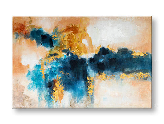 Ръчно рисувана картина на платно с мотив планини, отражение във вода, религиозен мотив в бяло-бежово нюанси, спокойна атмосфера, природа и спокойствие и баланс – основна