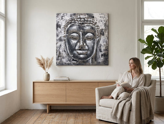 Ръчно рисувана картина на платно с мотив BUDHA, Buddha в бяло-сиво нюанси окачена в интериор на хол, спокойна атмосфера, духовност – интериор