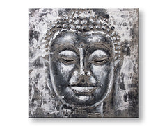 Ръчно рисувана картина с мотив BUDHA, Buddha в бяло-сиво нюанси | Рисувана картина за стена BUDHA, духовност – преглед