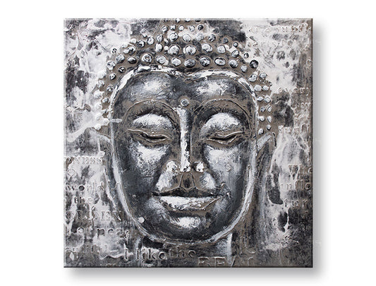 Ръчно рисувана картина на платно с мотив BUDHA, Buddha в бяло-сиво нюанси, спокойна атмосфера, духовност, подходяща за хол | Рисувана картина за стена BUDHA – основна